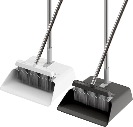 JOYMOOP 2 Pack Broom and Dustpan Set, Black and White Combo, Upright Angle with Built-in Comb Teeth for Pet Hair and Hard Floors