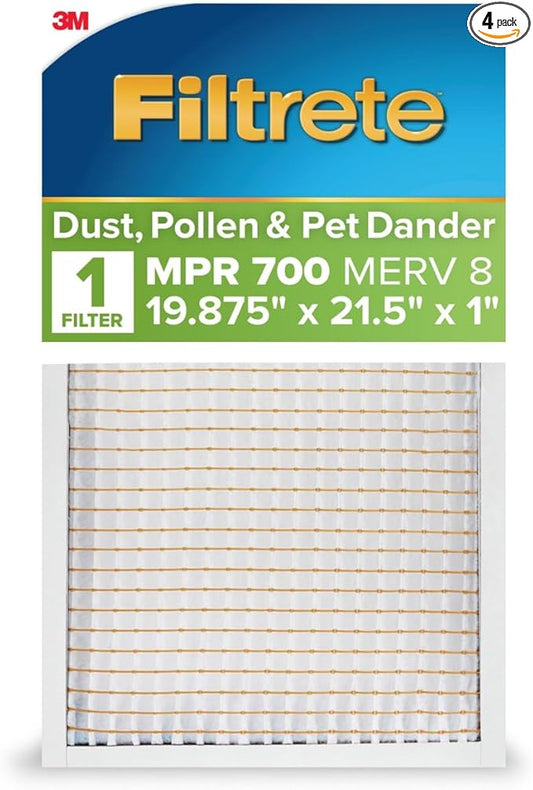 Filtrete 19.875x21.5x1 AC Furnace Air Filter, MERV 8, MPR 700, Tough on Pollen, Easy on Airflow, 3-Month Pleated 1-Inch Electrostatic Air Cleaning Filter, 4-Pack (Actual Size 19.56 x 21.19 x 0.81 in)