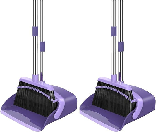NACENA Broom and Dustpan Set, 52-in Long Adjustable Handle Broom Dustpan Combo with Dust pan Teeth to Automatically Clean Hair Suitable for Home Kitchen Office Hall Floor (Purple), 2 Pack