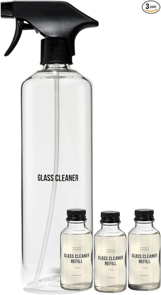 Public Goods Glass Cleaner Refill & Glass Spray Bottle | Refill Concentrate for Windows & Mirrors | Cruelty Free, Paraben Free, Vegan Friendly | 3 Pack - 24 Oz Diluted