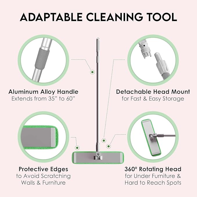 Mop Floor Cleaning System, 18-inch Dust Mop with 4 Reusable Pads for Hardwood and Tile, 360-Spin Floor Mop Head & Extendable Handle, Household Cleaning Tools