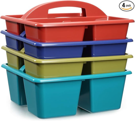 Kathfly 4 Pack Caddy Organizer with Handle, Stackable Organization Storage, Small Plastic Basket Classroom Caddy for Table Desk Office Pencil Kids Room Craft Art Teacher School Supplies (Deep Color)