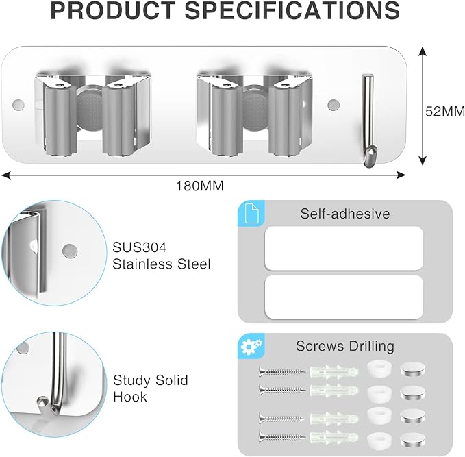 Wall Mount Mop and Broom Holder, Heavy Duty Stainless Steel Organizer Rack with Hooks | 2-Pack, 2-in-1 No Drill & Screw Installation, Silver