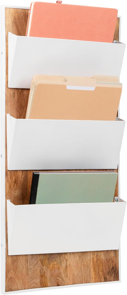 Mind Reader 3-Tier Wall-Mounted File Organizer, Wood and Metal Vertical Rack for Mail, Magazines, and Documents, Metal, Wood, White