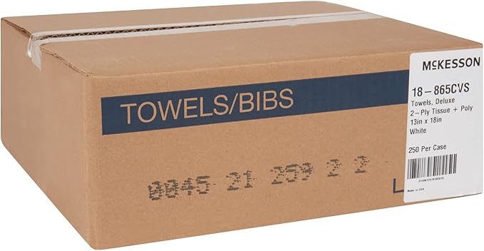McKesson Disposable Towels [Pack of 250] for Dental Bibs, Nails, Tattoo, Dentist, Medical - 13 x 18 in, 2-Ply Tissue with Poly Back, Waffle Embossed, White