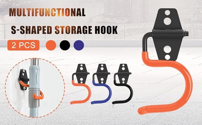 2PCS Garage Hook Heavy Duty Steel Garage Storage Hook, Heavy Duty Hook，Utility Hook and Broom and Mop Holder Wall Mount for Organizing Cleaning Tools, Mops, Garden Tools (S-Type) (Black)
