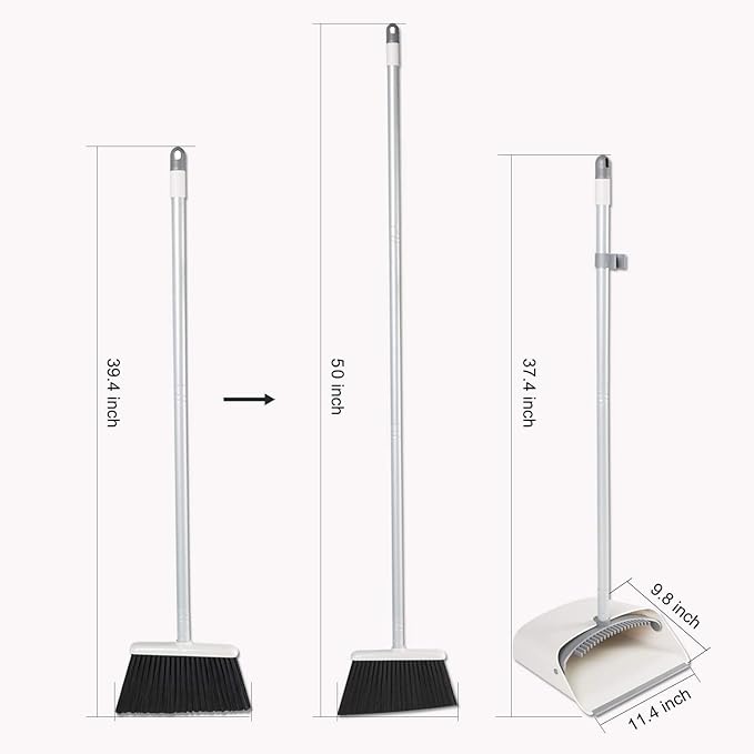 Broom and Dustpan Set, JEHONN Long Handle Lightweight Broom Set Upright Standing Dustpan Stand Up Store Sweep Set for Home Room Kitchen Office Lobby