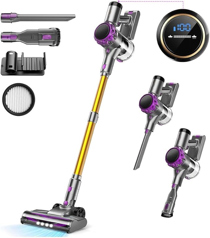 S3 Cordless Vacuum Cleaner, 45kPa Powerful Suction Vacuum Cleaners for Home, 55-Min Runtime Rechargeable Stick Vacuum, Self-Standing, for Pet Hair Carpet Hard Floor, LED Display