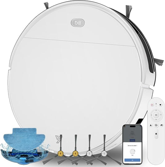 Robot Vacuum and Mop Combo, Up to 4500Pa Strong Suction, 2 in 1 Super Thin Robotic Vacuum Cleaner with App/Remote/Voice Control, Self-Charging, Slim for Pet Hair, Hard Floor, Low-Pile Carpet White