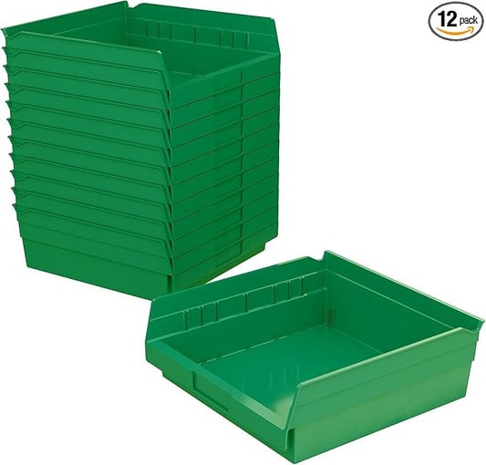 Akro-Mils 30170 Plastic Shelf Bins, Heavy Duty Storage Bins for Garage, Closet, and Drawer Organization, 12" x 11" x 4", Green, 12-Pack