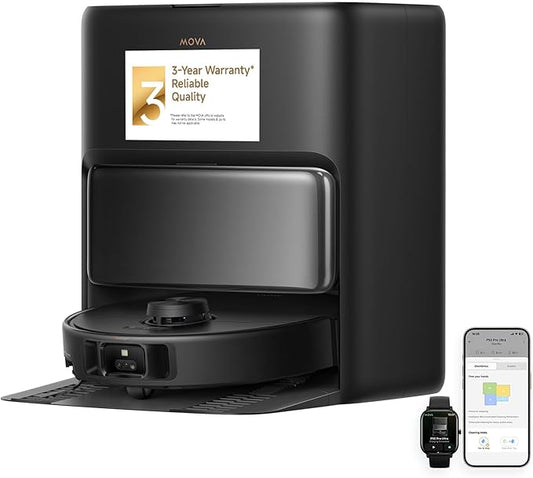 Mova P50 Pro Ultra Robot Vacuum and Mop, 19,000Pa Suction with Anti-Tangle Brush, Removable & Liftable Mop for Carpet & Floor, 167℉ Mop & Washboard Self Drying & Cleaning, Auto Empty & Refill, Black