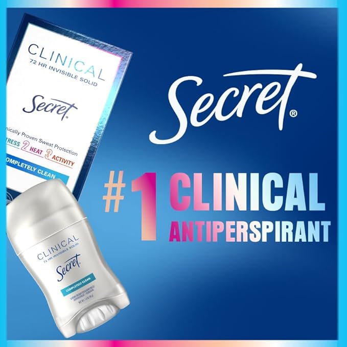 Secret Clinical Strength Antiperspirant Deodorant for Women, 3X Stress Protection, 72hr Sweat & Odor Protection, PH Balancing Minerals, Invisible Solid, Completely Clean Scent, 2.6 oz (Pack of 2)