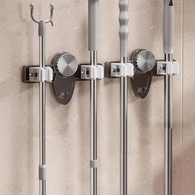 Broom and Mop Holder Wall Mount 2PCS Suction Cup Organizer with Retractable Rack No Drill Bathroom Storage Transparent Grey