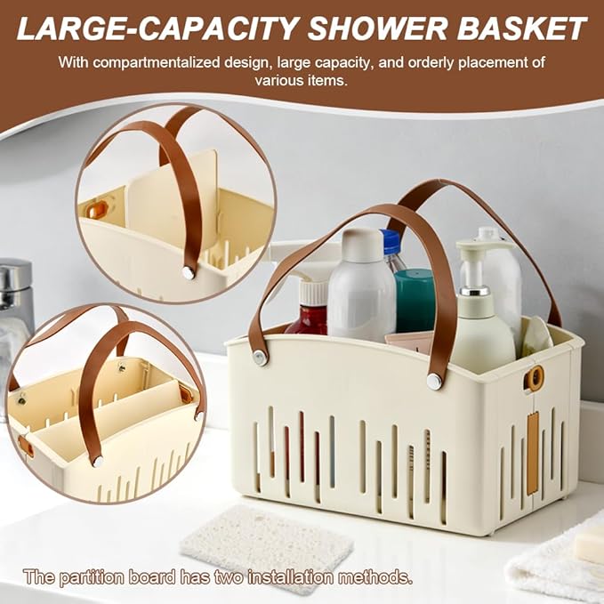 Portable Shower Caddy with Cleaning Sponge, Foldable Shower Storage Basket with Handle and Adjustable Divider, Quick Dry Bathroom Organizer Bin for Bathroom,Dorm,College,Camp,Travel(COLOR:Cream)