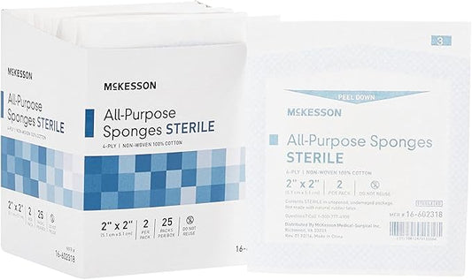 McKesson All Purpose Sponges, Sterile, 4-Ply, 100% Cotton, 2 in x 2 in, 2 per Pack, 1500 Packs, 3000 Total
