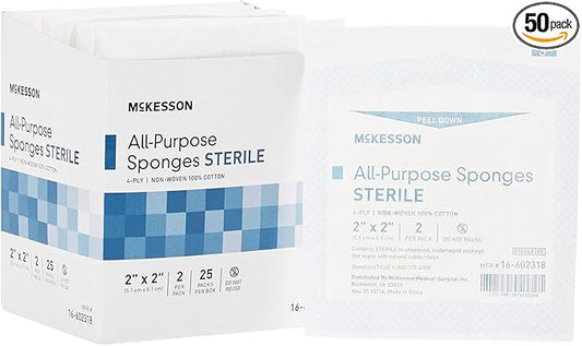 McKesson All Purpose Sponges, Sterile, 4-Ply, 100% Cotton, 2 in x 2 in, 2 per Pack, 25 Packs, 50 Total
