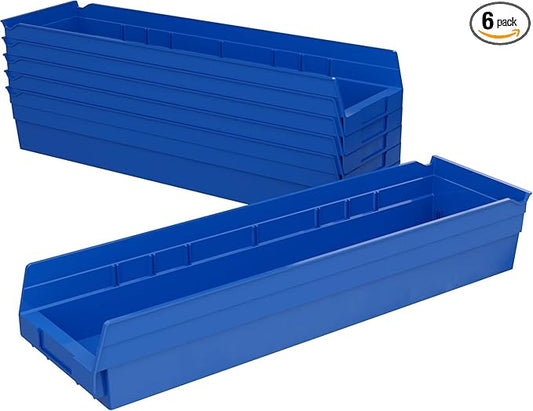 Akro-Mils 30164 Plastic Shelf Bins, Heavy Duty Storage Bins for Garage, Closet, and Drawer Organization, 24-Inch x 6-1/2-Inch x 4-Inch, Blue, 6-Pack