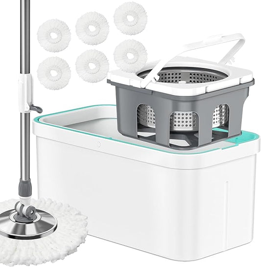 Spin Mop and Bucket Set with Wringer and 6 Extra Microfiber Heads for Floor Cleaning 61" Extended Handle 5-GAL Heavy-Duty Design for Hardwood Tile Laminate Home Cleaning Tools