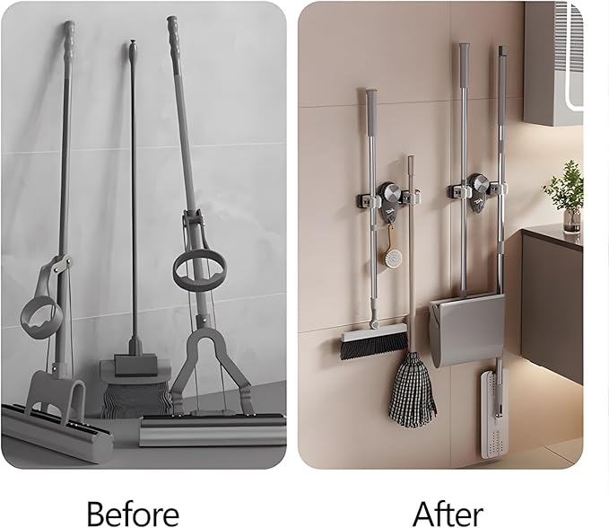 Atlodas Broom Holder Mop Hanger, No punching required Broom Hanger Organizer for Bathroom, Kitchen, Office，Utility Room，Laundry Room,Home Garden, Garage Storage and Organization Rack (gray)