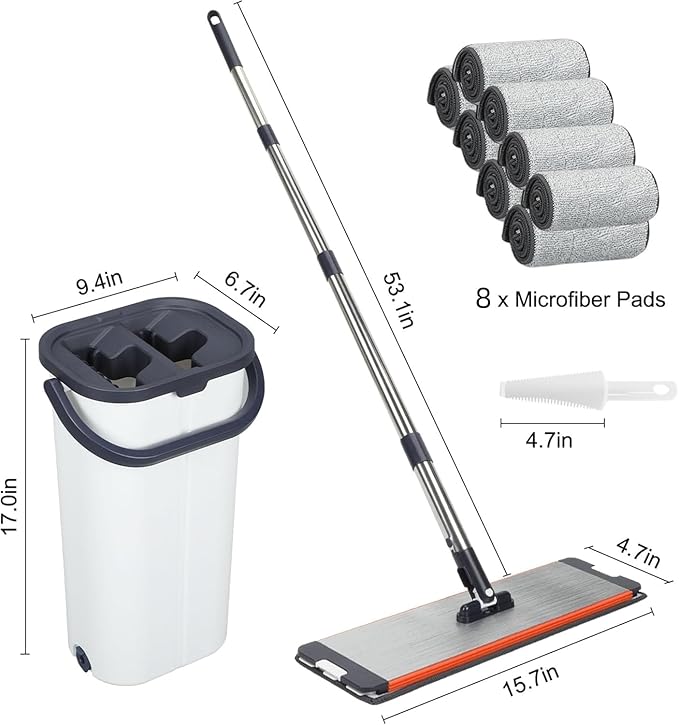 Easywring Washable Mop and Bucket with Wringer Set for Home, Durable and Sturdy Aluminum Flat Mop Head, 2-Chamber, Wet and Dry for All Surfaces, with 8 Reusable Microfiber Mop Pads 13 inch (16 Inch)