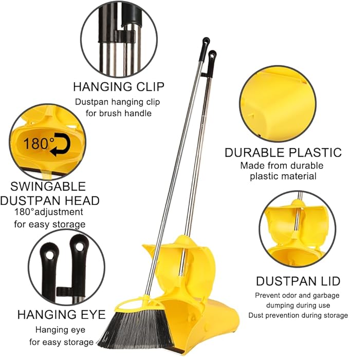 Heavy Duty Outdoor Broom and Dustpan Set - 145CM Extra Long Handle, Stiff Bristles for Tough Debris, Angled Broom Head - Ideal for Garage, Patio, Garden Kitchen House Floor Cleaning