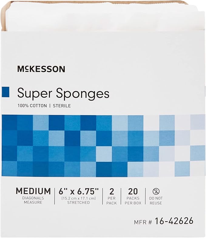 McKesson Super Sponges, Sterile, 100% Cotton, Fluff Dressing, 6 in x 6 3/4 in, 2 per Pack, 240 Packs, 480 Total