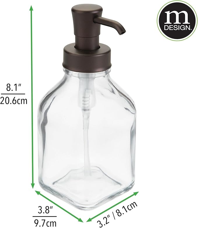 mDesign Square Glass Refillable Liquid Soap Dispenser Pump Bottle for Bathroom Vanity Countertop, Kitchen Sink - Holds Hand Soap, Dish Soap, Hand Sanitizer, Essential Oils - 2 Pack - Clear/Bronze