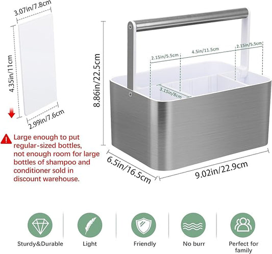 Plastic Shower Caddy Dorm - Portable Bathroom Caddy Organizer with Handle and Divider for College Dorm & Shared Bathroom, Hard Shower Tote for Toiletry, Brushed Nickel White