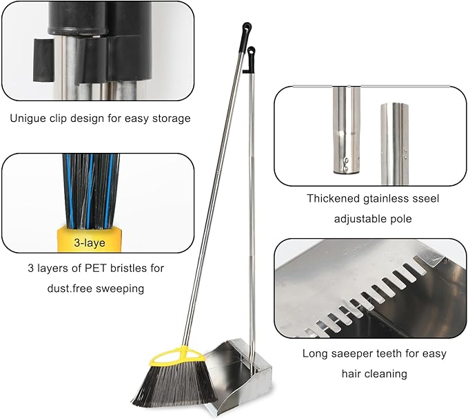 Broom and Dustpan Set, Outdoor Heavy Duty Broom with Stainless Steel Dustpan,Stiff Bristles Broom and Metal Dust Pan for Home
