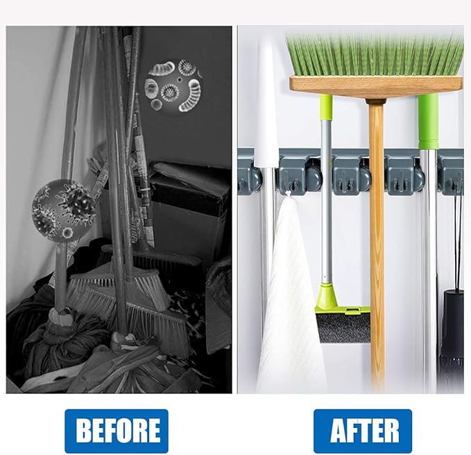 Tangkula Wall Mount Mop Broom Holder, Hanging Broom Organizer w/ 5 Slots & 6 Hooks, Home Storage Organizer Rack, Hanging Utility Rack for Home, Kitchen, Garage, Laundry (Dark Grey)