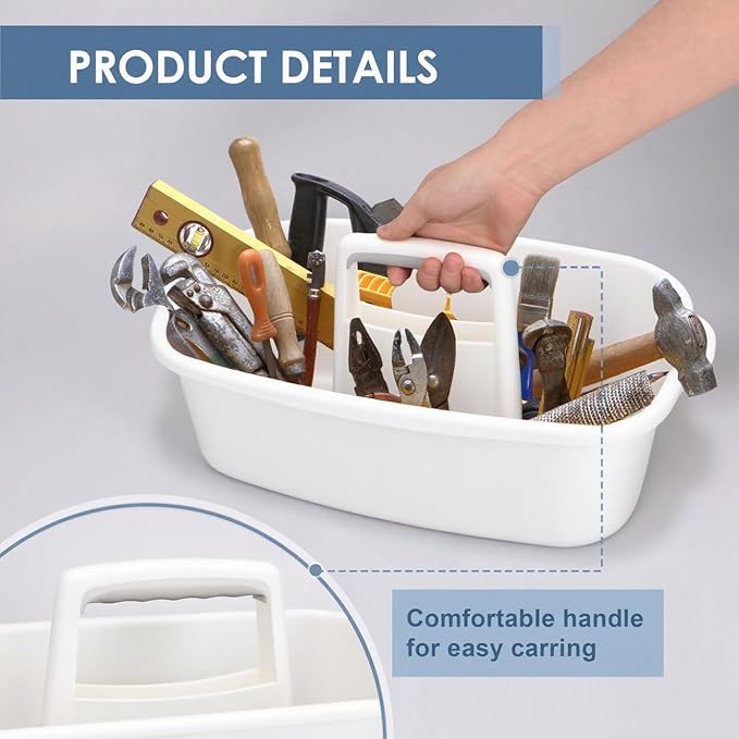 Cleaning Supplies Caddy with Handle, Portable Shower Caddy Organizer Plastic Basket with Handle, Stackable Tool Storage for Bathroom, Garden, Kitchen, Home Organization, White