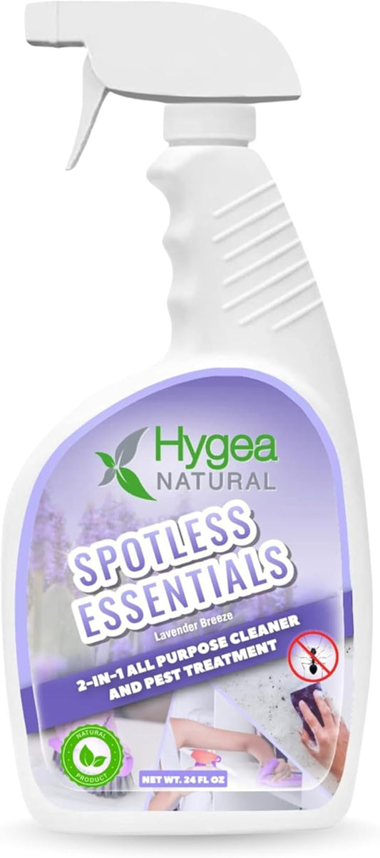 Hygea Natural Spotless Essentials - Indoor pest control - Kills fleas, bed bugs, Dust Mites & Multi-Surface Cleaner spray for Home & Kitchen - Child & Pet Friendly - 24oz (Lavender Breeze Scent)