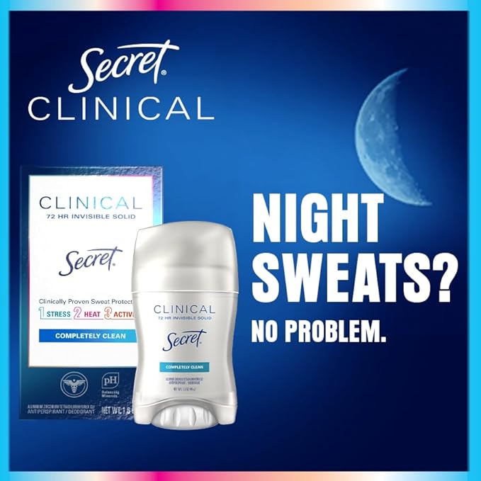 Secret Clinical Strength Antiperspirant Deodorant for Women, 3X Stress Protection, 72hr Sweat & Odor Protection, PH Balancing Minerals, Invisible Solid, Completely Clean Scent, 2.6 oz (Pack of 2)