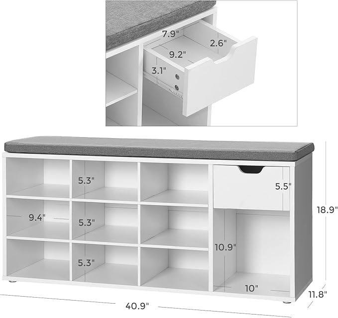 VASAGLE CUSTOS Collection - Storage Bench, Entryway Bench with Cushion, Drawer and Open Compartments, Bench with Storage, Living Room, Bedroom, Closet, White and Gray ULHS24WT
