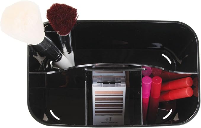 mDesign Small Plastic Shower/Bath Storage Organizer Caddy Tote with Handle for Dorm, Shelf, Cabinet - Hold Soap, Shampoo, Conditioner, Combs, Brushes, Lumiere Collection, Black