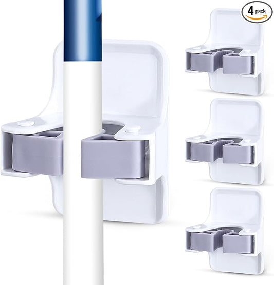 4 Pack Mop and Broom Holder Wall Mount, Self Adhesive Broom Hanger, Mop Gripper Organizer Broom Clips for Hanging Home Garage Garden Laundry Room Storage (White) (4)
