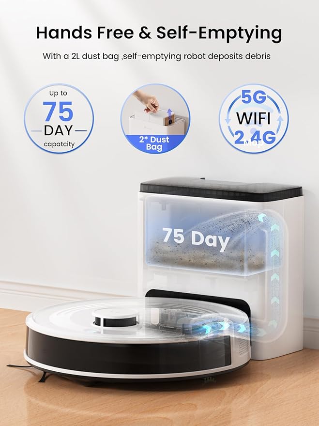 Lefant LiDAR Robot Vacuum and Mop,75-Day Self-Emptying,6000Pa Powerful Suction,Customized Cleaning,Home Mapping, 140 Min Runtime, Roller Brush for Carpet,2.4G/5G WiFi/Alexa/APP/iWatch,M2 Plus