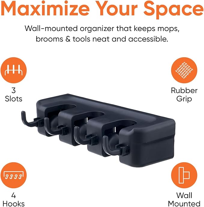 Superio Mop and Broom Holder Wall Mount Storage Organizer for Kitchen, Garage, Garden, 3 Slots (2 Pack, Black)