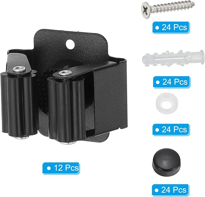 PATIKIL Broom and Mop Holder, 12 Pack Wall Mounted Stainless Steel Mop Hanger Heavy Garden Tool Organizer Rack Hanging Clips with Screws for Home Garage, All Black