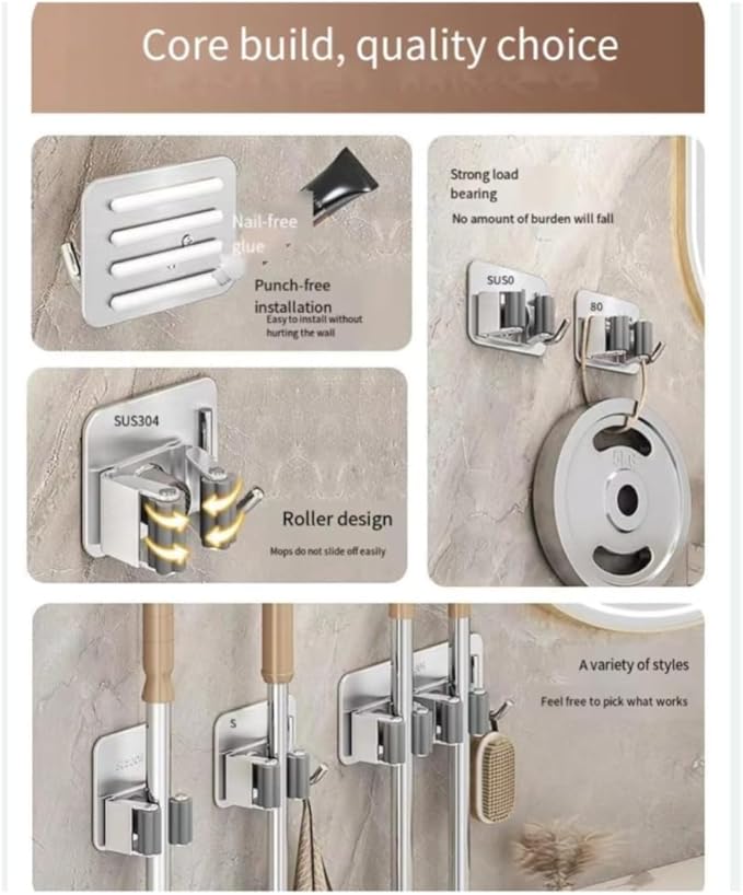 3-piece Stainless steel broom and mop multifunctional bracket hook - self-adhesive, no drilling required - universal for kitchen, bathroom, and garden (silver)