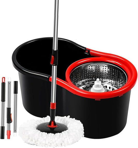 PULNDA Spin Mop and Bucket with Wringer Set, 360° Spinning Mop Bucket System with 1 Microfiber Mop Replacement Heads and 50" Stainless Steel Adjustable Handle for Floor Cleaning (15QT)