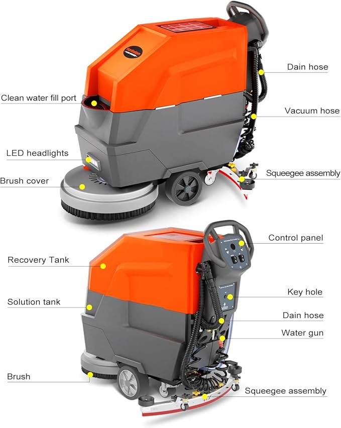Walk Behind Commercial Floor Scrubber with 20" Ultra-Wide Scrubbing Path,High-pressure Watergun，LED Light，14.5 Gal Large Solution Tank,4 Hours Cordless Working Time,23,700 Sqft/h