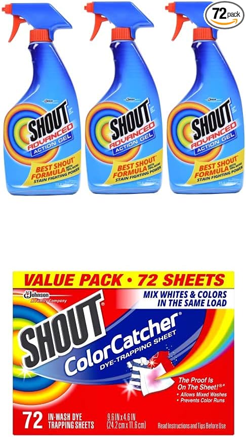 Shout Advanced Spray and Wash Laundry Stain Remover Gel, Best Shout Formula with Color Catcher Sheets for Laundry, Maintains Clothes Original Colors, 72 Count