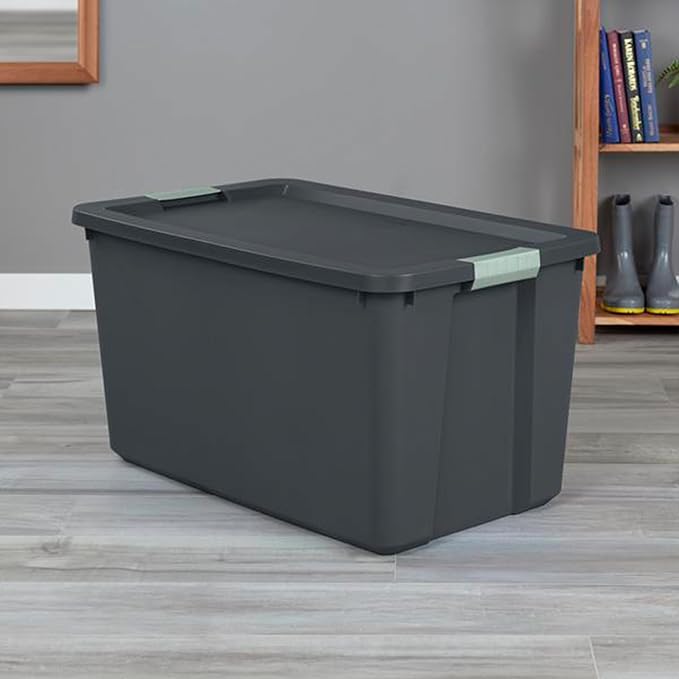 Sterilite 16 Pack 34 Gallon Latch Tote, Stackable Plastic Storage, Gray/Green