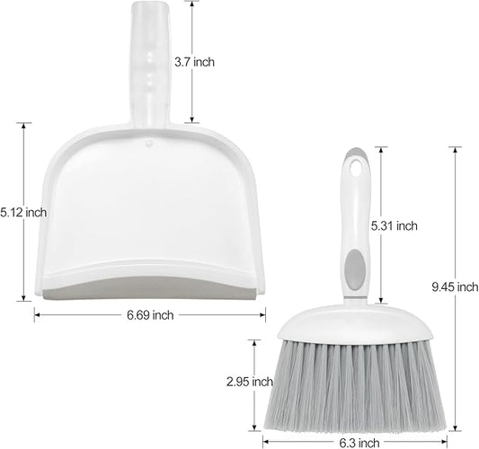 NACENA Small Dust Pan and Brush Set, Mini Broom and Dustpan Set Small Hand Broom and Brush Combo Dust Pan with Teeth for Home Cleaning Drawers Desktop Sofas and Outdoor, White & Gray