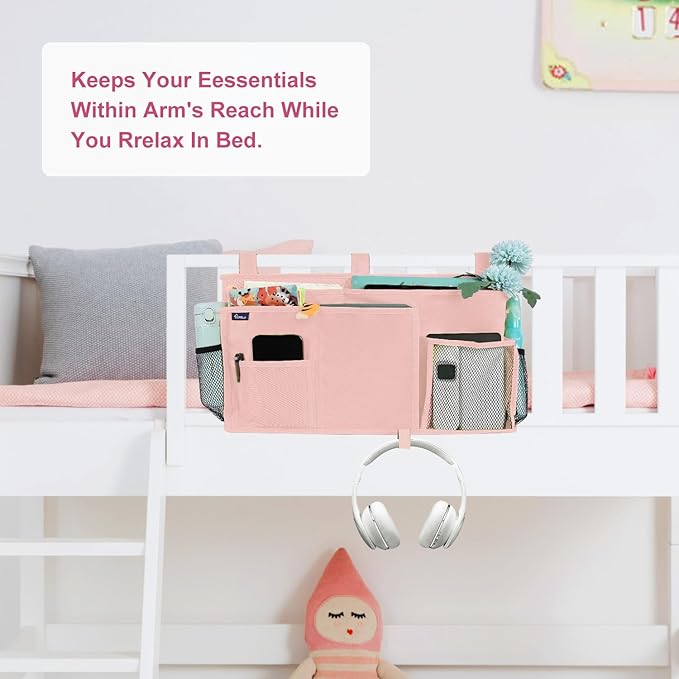 Surblue Bedside Caddy Hanging Bed Organizer Storage Bag Pocket for Bunk and Hospital Beds, College Dorm Rooms Baby Bed Rails, Camp 8 Pockets, (Large, Light Pink)