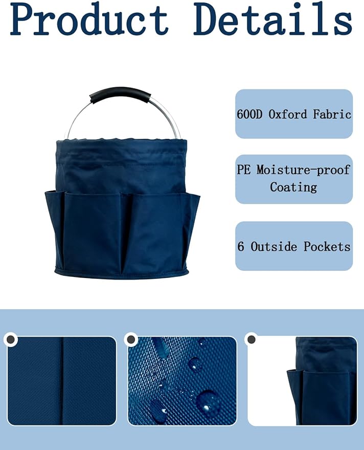 Cleaning Caddy with Handle, Cleaning Products Organiser, Foldable Storage Basket, Large Supply Organiser 17L with 6 Pockets, Portable Cleaning Caddy for Home & Garden (Dark Blue)