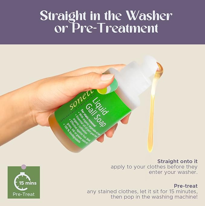 Sonett Organic Liquid Stain Remover For Clothes- Concentrated Laundry Stain Remover Detergent Gall Soap For Deep Cleaning- Highly Effective Against Ink, Blood, Grease, Fruit Stains- 4oz, Pack of 2