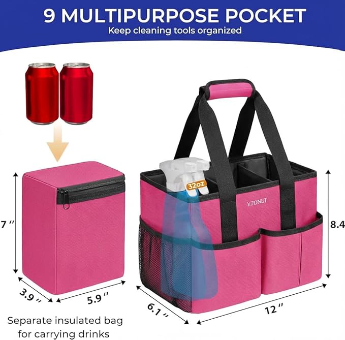 Ytonet Cleaning Caddy, Water Resistant Cleaning Supplies Organizer with Handle & Foldable Divider for Cleaners, Housekeeping Tote for Kitchen & Bathroom, Car Tool Caddy Organizer Bag, Rosered
