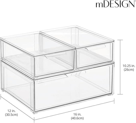 mDesign Plastic Stackable Bathroom Storage Organizer Bin Containers with Front Pull Drawer for Bathroom Countertop, Vanity, Closet Shelves - Holder for Accessories, Lumiere Collection, Set of 3, Clear